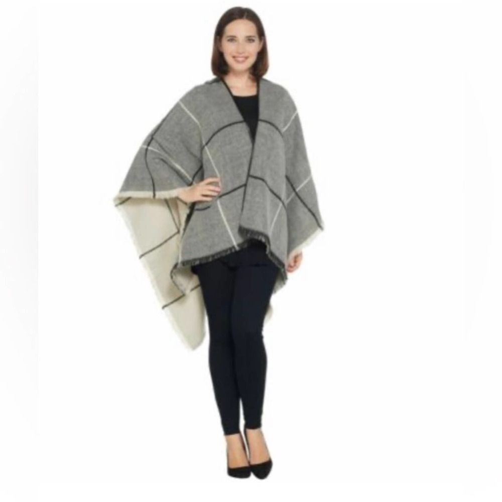 Brooke Shields Timeless Faux Leather Trimmed Knit Poncho Wrap Double Side
